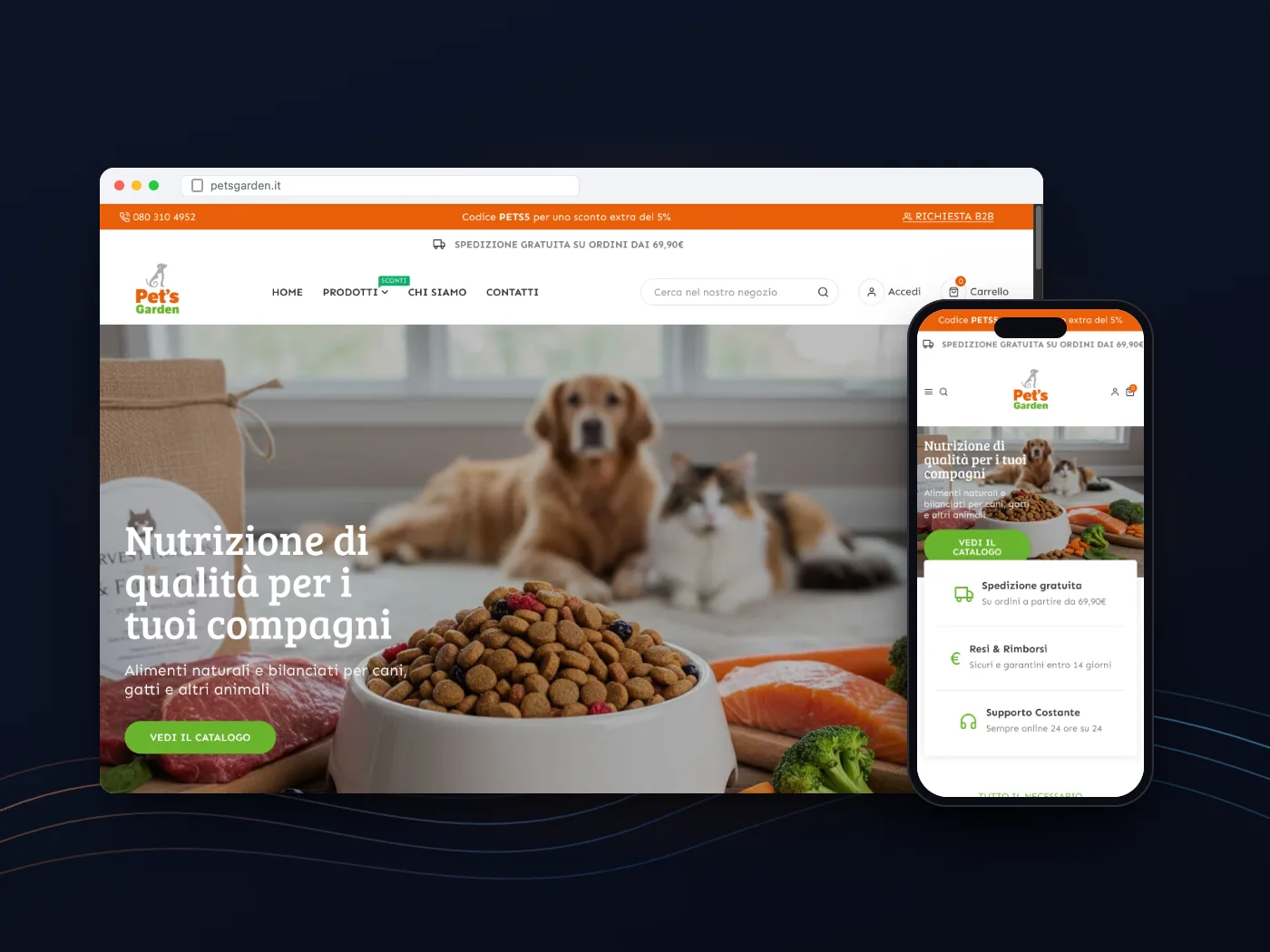 Il negozio online di Pet’s Garden su computer e telefono: la home con cane, gatto e crocchette