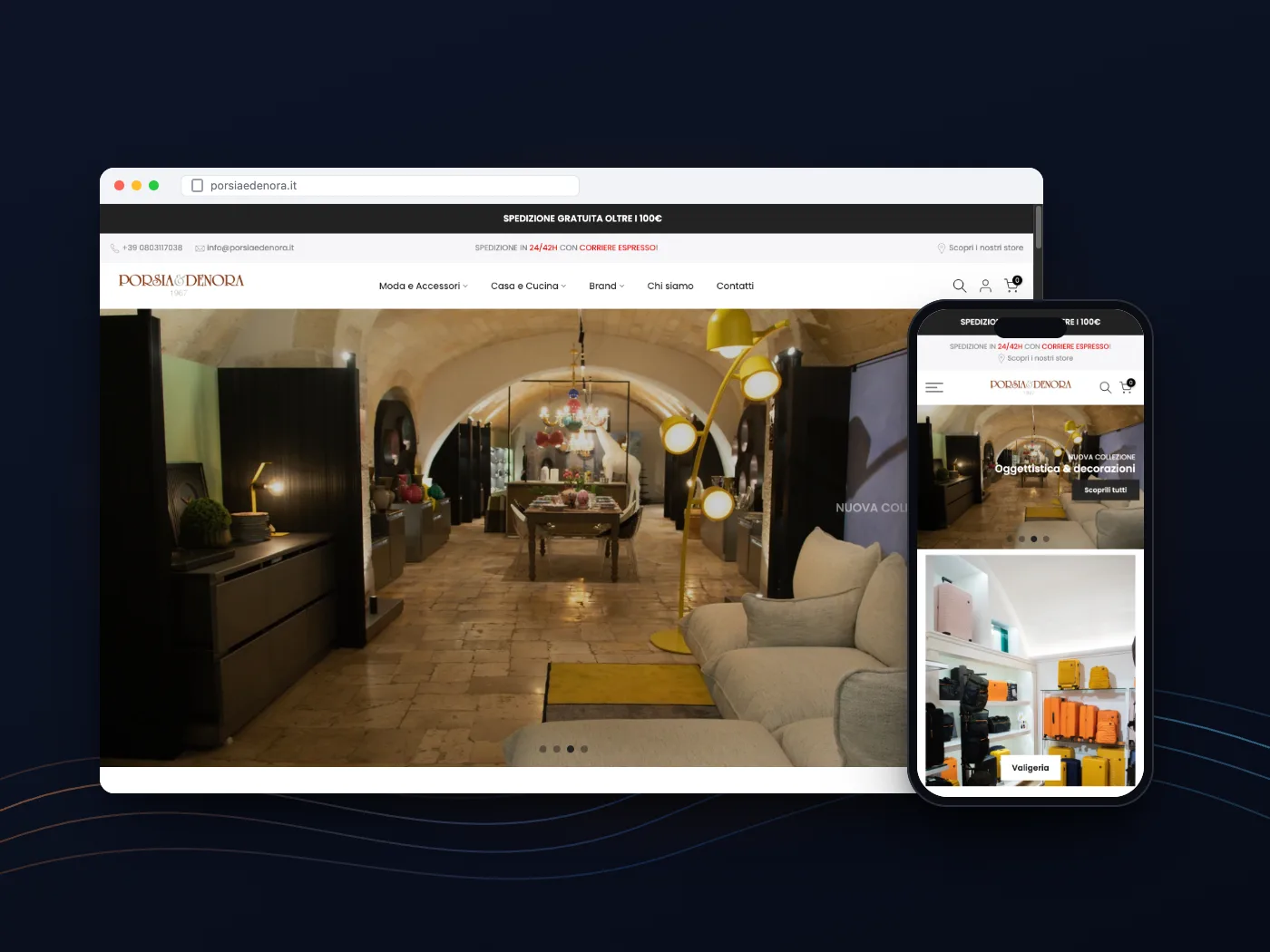 Il negozio online di Porsia & Denora su computer e telefono: l’interno del negozio e la nuova collezione